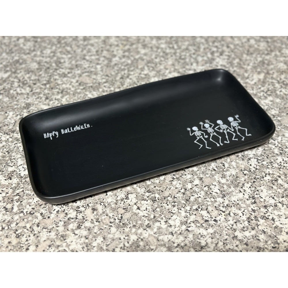 Raw Dunn Black Matte Ceramic Serving Tray, Happy Halloween, Dancing Skeletons
